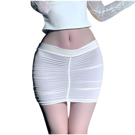 miqiqism Women's See Through Low Waist Micro Mini Sexy Skirts Casual Package Hip Short Party Skirts Trendy Solid Color Pleated Tight Hip Skirt,White,Free Size