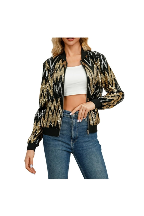 Women's Sequin Long Sleeve Jackets Glitter Open Front Zipper Blazer Bomber Jacket Sparkly Coats Fashion Party Striped Spark Round Neck Cardigan,Gold,Small