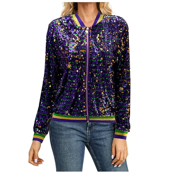 miqiqism Women's Sequin Long Sleeve Jackets Glitter Open Front Zipper Blazer Bomber Jacket Sparkly Coats Fashion Party Striped Spark Round Neck Cardigan,P#01_Purple,Medium
