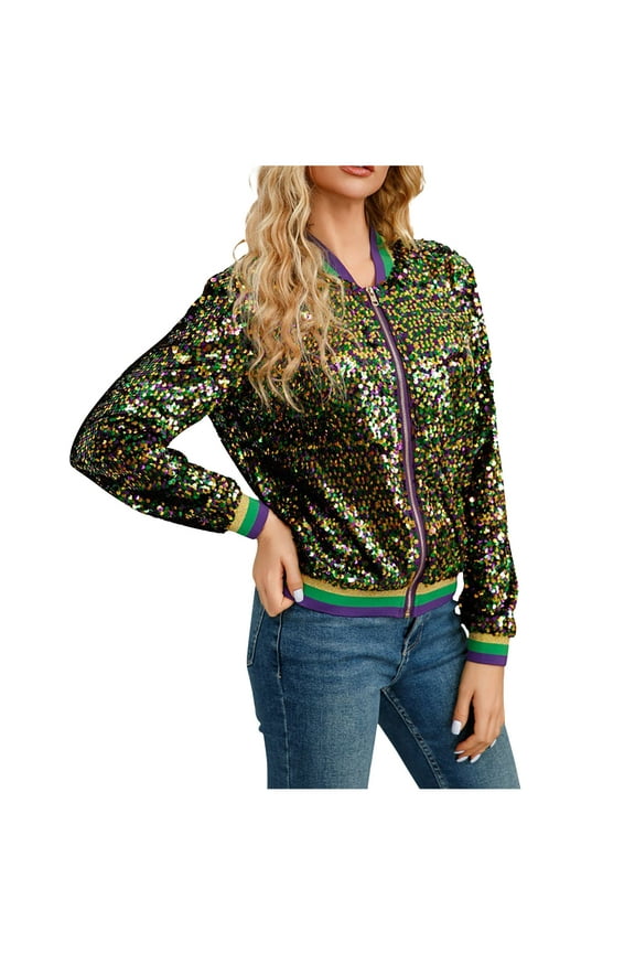 Women's Sequin Long Sleeve Jackets Glitter Open Front Zipper Blazer Bomber Jacket Sparkly Coats Fashion Party Striped Spark Round Neck Cardigan,Purple,Small