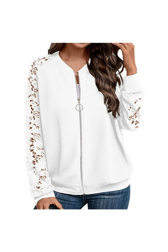 Women's Sheer Floral Lace Cardigans Juniors Long Sleeves Jackets Trendy Round Neck Full Zip Up Baseball Coat 2024 Fall Lightweight Outwear Cardigan,White,Small