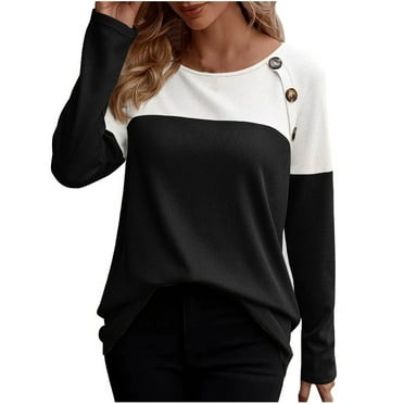 miqiqism Women's Shirts Trendy Long Sleeve Colorblock Tee Blouses Juniors Comfy Crew Neck Button Detail Tunics Shirt Trendy Slim Fit Tunic Clothes,Black,Large