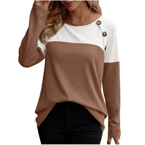 miqiqism Women's Shirts Trendy Long Sleeve Colorblock Tee Blouses Juniors Comfy Crew Neck Button Detail Tunics Shirt Trendy Slim Fit Tunic Clothes,Brown,Small