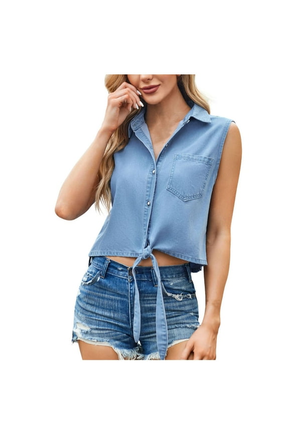 Women's Sleeveless Cardigan Fashion Tie Front Knot Shirt Chambray Denim Cropped Top Basic Botton Down Jacket With Pocket Lapel V Neck Blouses,Light Blue,Medium