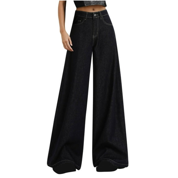 miqiqism Women's Solid Color Jeans Trendy High Waisted Denim Jeans Casual Straight Wide Leg Pants with Pockets Juniors Fashion Baggy Bootcut Y2K Trousers,Dark Blue,Large