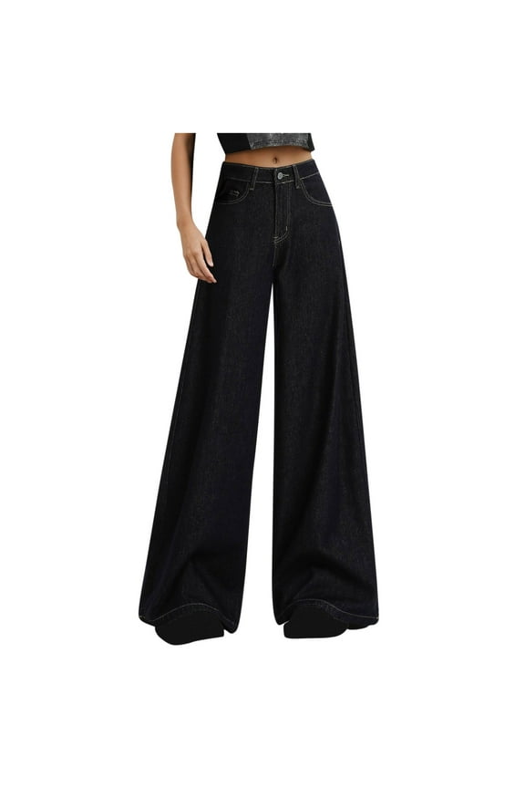 Women's Solid Color Jeans Trendy High Waisted Denim Jeans Casual Straight Wide Leg Pants with Pockets Juniors Fashion Baggy Bootcut Y2K Trousers,Dark Blue,Large