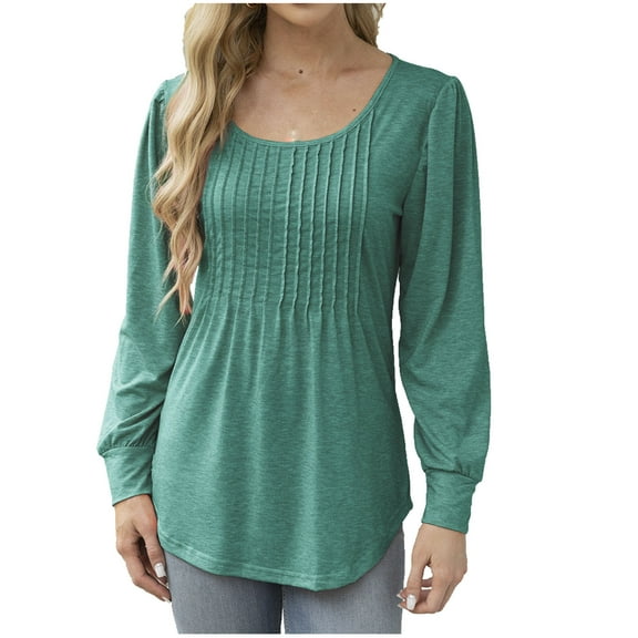 miqiqism Women's Solid Pleated Sweatshirts Casual Crew Neck Tunic Shirts Juniors Trendy Loose Long Sleeves Blouses Fashion Irregular Hem Pullover Clothes,Green,3X-Large