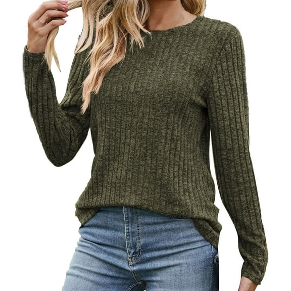 miqiqism Women's Solid Scoop Neck Sweater Long Sleeve Pullover Top Casual Slim Fitted Ribbed Knit T Shirts Juniors Tunic Brushed Trendy Blouses,Army Green,Medium