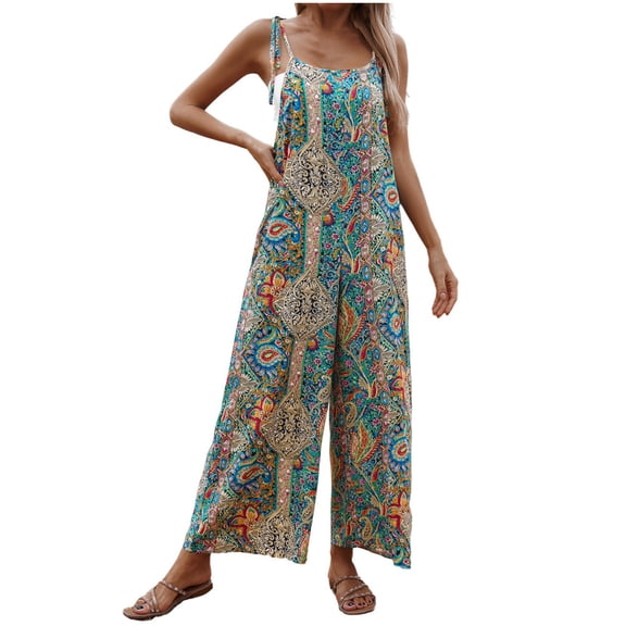 miqiqism Women's Summer and Fall Jumpsuits Casual Wide Leg Overalls Vintage Floral Print Baggy Rompers with Pocket Trendy Bottom Pant,Blue,Medium