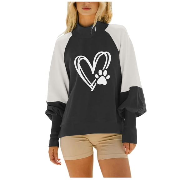 miqiqism Women's Sweatshirt Casual Long Sleeve Crewneck Sweatshirts Juniors Trendy Color Block Patchwork Pullover Sweater Tops Casual Heart Printed Blouses,Black,X-Large