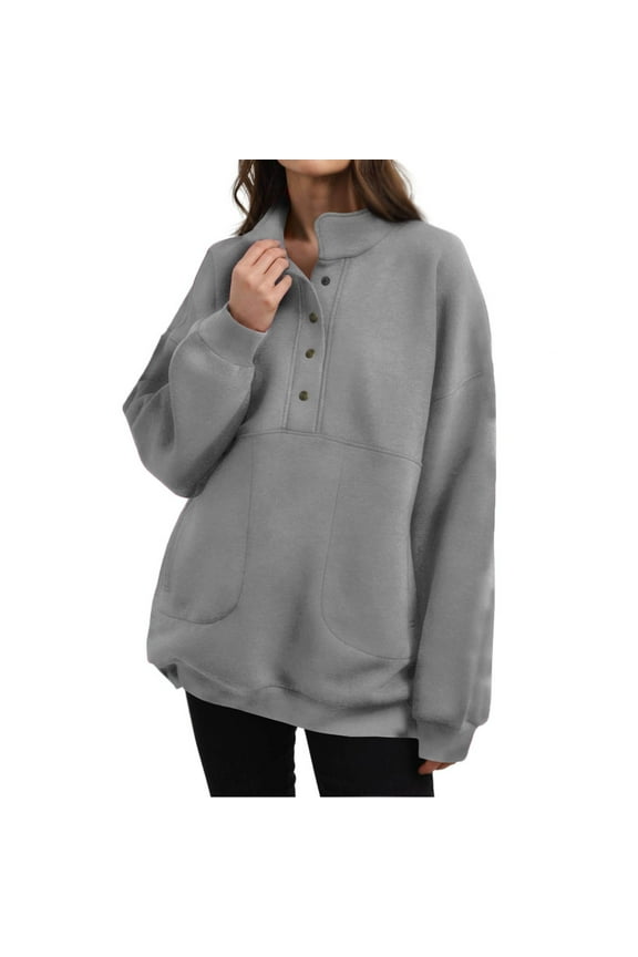 Women's Sweatshirt Juniors Long Sleeve Collared Pullover Tops Teen Girls Fall Outfits Solid Color Sweatshirts Button V Neck Pullover Blouses,Gray,XX-Large