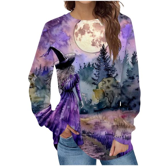 miqiqism Women's Sweatshirt, Juniors Trendy Witch Printed Hoodless Blouses Teen Girls Casual Round Neck Long Sleeve Tops Fashion Pullover Clothes,Purple,Large