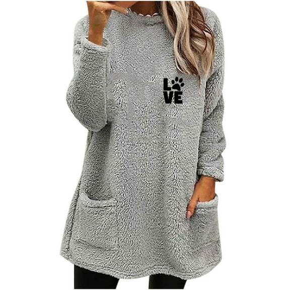 miqiqism Women's Thermal Pullover Sweater Trendy Solid Crew Neck Blouses Sweatshirts Juniors Comfy Long Sleeves Fuzzy Fleece Loungewear Tops with Pockets,Gray,Small