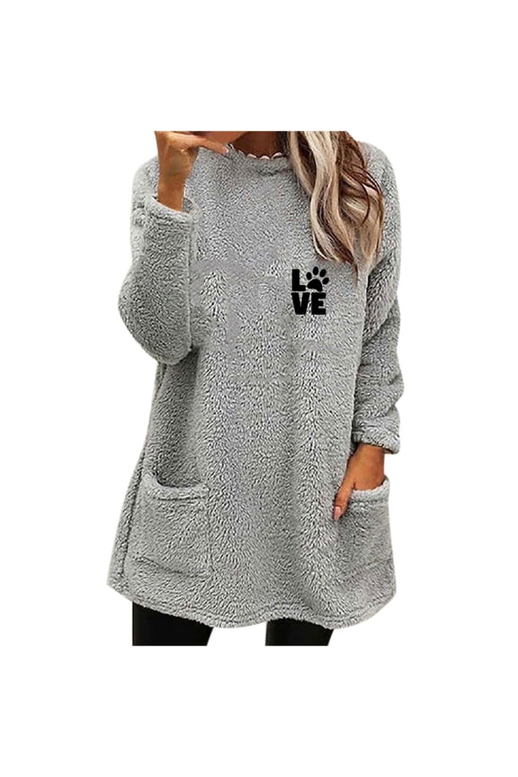 Women's Thermal Pullover Sweater Trendy Solid Crew Neck Blouses Sweatshirts Juniors Comfy Long Sleeves Fuzzy Fleece Loungewear Tops with Pockets,Gray,Large