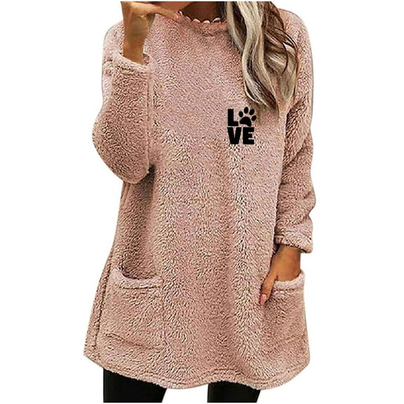 miqiqism Women's Thermal Pullover Sweater Trendy Solid Crew Neck Blouses Sweatshirts Juniors Comfy Long Sleeves Fuzzy Fleece Loungewear Tops with Pockets,Pink,X-Large
