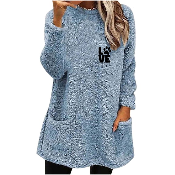miqiqism Women's Thermal Pullover Sweater Trendy Solid Crew Neck Blouses Sweatshirts Juniors Comfy Long Sleeves Fuzzy Fleece Loungewear Tops with Pockets,Blue,Large