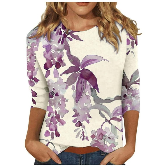 miqiqism Women's Trendy Crew Neck Tee Shirts Juniors Vintage Floral Printed Blouses Teen Girls Casual Long Sleeves Slim Fit Shirt Trendy Tunic Clothing,Wine,Small