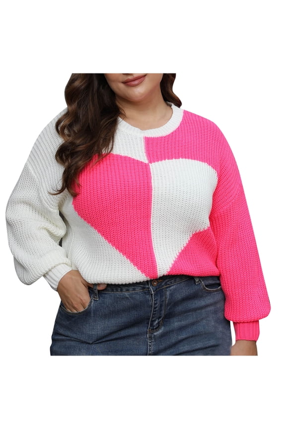 Women's Trendy Sweater Heart Knitted Pullover Sweater Juniors Cozy Long Sleeves Crewneck Cute Sweatshirt Fashion Color Block Chunky Knit Jumper Tops,Hot Pink,Large