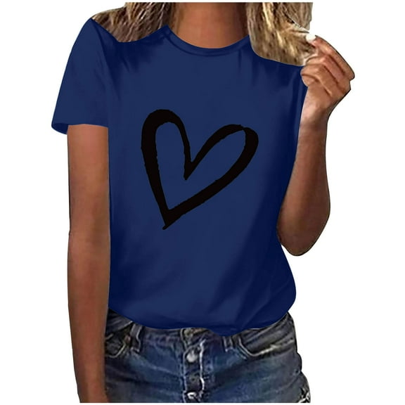 miqiqism Women's Valentines Heart Tshirts Blouses Short Sleeve Shirts Casual Tunic Blouse Crewneck Pullover Top Shirt Juniors Summer Outfits,#02_Blue,L