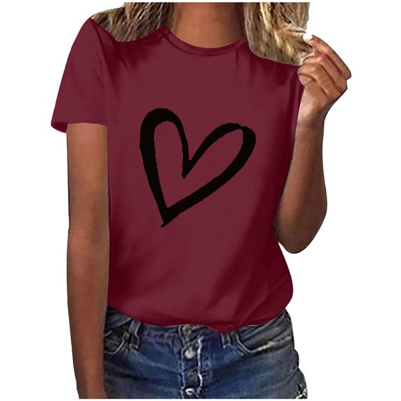 miqiqism Women's Valentines Heart Tshirts Blouses Short Sleeve Shirts Casual Tunic Blouse Crewneck Pullover Top Shirt Juniors Summer Outfits,#02_Wine,XXXL