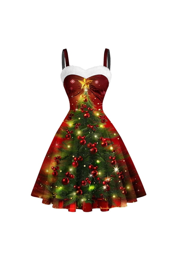 Women's Vintage Christmas Dress Trendy Print Sleeveless A-Line Party Midi Dresses Juniors Fashion Spaghetti Strap Suspender Skirt,Green,XX-Large