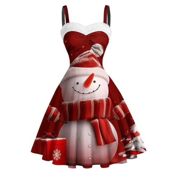 miqiqism Women's Vintage Christmas Dress Trendy Print Sleeveless A-Line Party Midi Dresses Juniors Fashion Spaghetti Strap Suspender Skirt,R#03_Red,X-Large