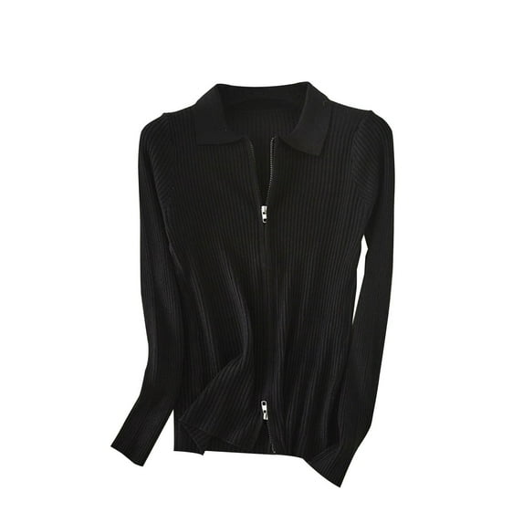 miqiqism Women's Zip Up Long Sleeve Cardigans Trendy V Neck Ribbed Knit Cropped Sweaters Cardigan Juniors Slim Lapel Pullover Jumper Solid Color Tops,Black,Free Size