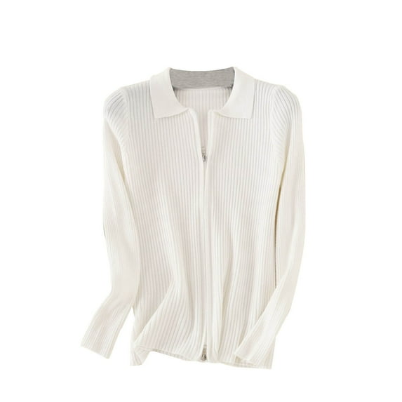 miqiqism Women's Zip Up Long Sleeve Cardigans Trendy V Neck Ribbed Knit Cropped Sweaters Cardigan Juniors Slim Lapel Pullover Jumper Solid Color Tops,White,Free Size