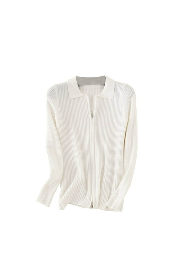 Women's Zip Up Long Sleeve Cardigans Trendy V Neck Ribbed Knit Cropped Sweaters Cardigan Juniors Slim Lapel Pullover Jumper Solid Color Tops,White,Free Size