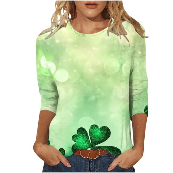 miqiqism Womens 3/4 Length Sleeve Tshirts St Patrick's Day Pullovver Tops Round Neck Tunic Shirts Funny Shamrock Top Outfit,#01_Green,Large