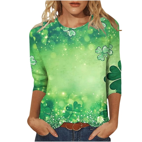 miqiqism Womens 3/4 Length Sleeve Tshirts St Patrick's Day Pullovver Tops Round Neck Tunic Shirts Funny Shamrock Top Outfit,#05_Green,4X-Large