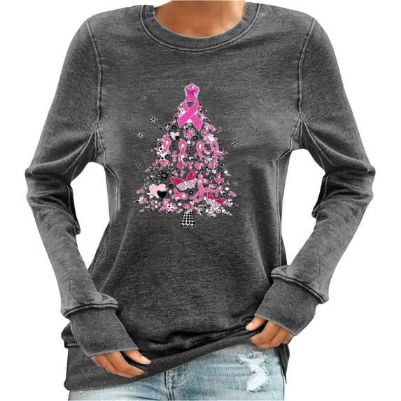 miqiqism Womens Breast Cancer Awareness Shirt Juniors Casual Fall Long Sleeve Sweatshirts Casual Pink Ribbon Crewneck Blouses Fashion Loose Shirts Clotes,Gray,X-Large