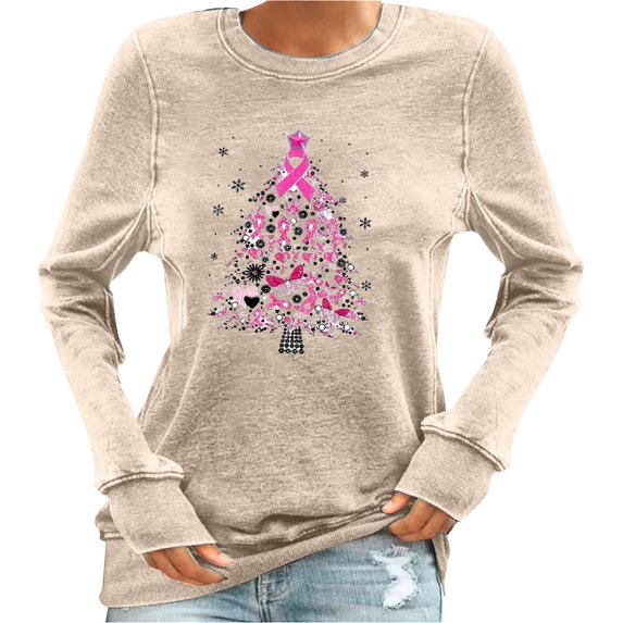 miqiqism Womens Breast Cancer Awareness Shirt Juniors Casual Fall Long Sleeve Sweatshirts Casual Pink Ribbon Crewneck Blouses Fashion Loose Shirts Clotes,Beige,Small