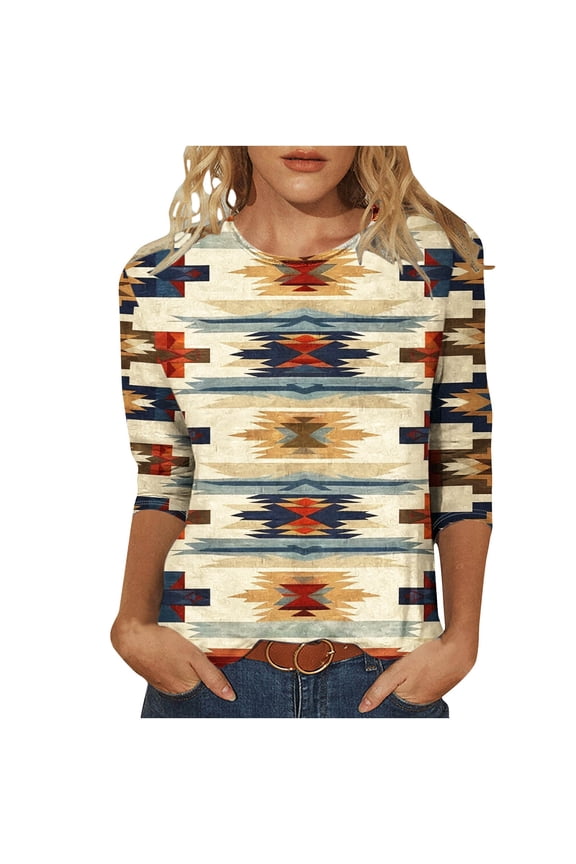 Womens Casual 3/4 Length Sleeves Tops Juniors Trendy Loose T-Shirts Teen Girls Crewneck Printed Cute Blouse Fashion Floral Graphic Tees Clothes,K#02_Khaki,Medium