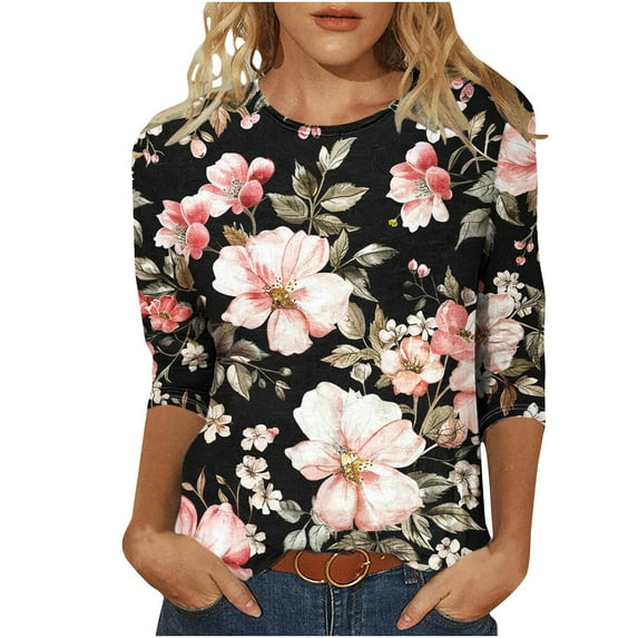 miqiqism Womens Casual 3/4 Length Sleeves Tops Juniors Trendy Loose T-Shirts Teen Girls Crewneck Printed Cute Blouse Fashion Floral Graphic Tees Clothes,Black,X-Large