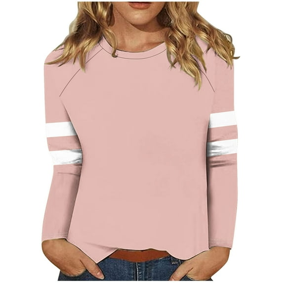 miqiqism Womens Casual Fall Tops 2024 Crewneck Long Sleeve Shirts Juniors Comfy Raglan Loose Fit Basic T Shirts Trendy Pullover Cotton Tunic Tee Clothes,Pink,Large