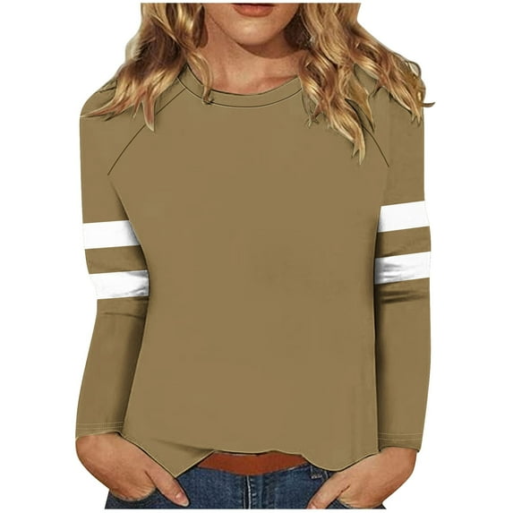 miqiqism Womens Casual Fall Tops 2024 Crewneck Long Sleeve Shirts Juniors Comfy Raglan Loose Fit Basic T Shirts Trendy Pullover Cotton Tunic Tee Clothes,Khaki,XX-Large