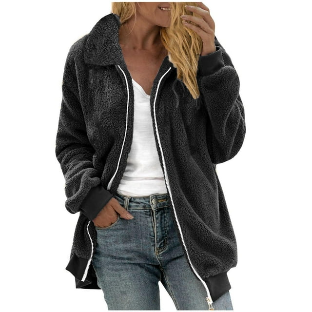 miqiqism Womens Casual Fleece Jackets Trendy Full Zip Up Long Sleeve Sweater Juniors Casual Jacket Lapel Sherpa Loose Fit Solid Warm Winter Outerwear,Black,Small