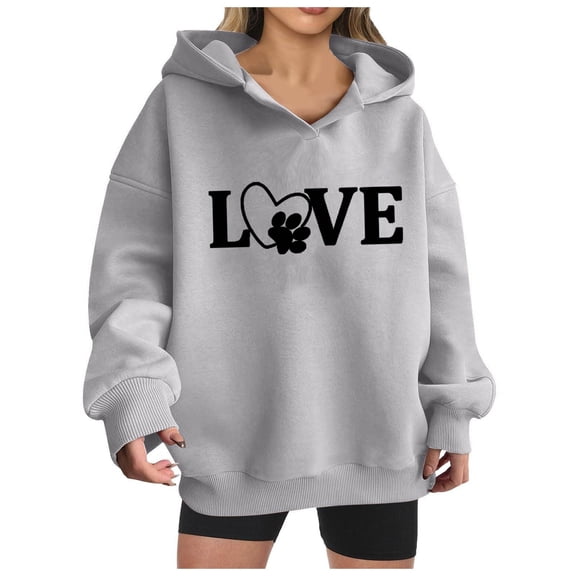 miqiqism Womens Casual Hoodie Heart Print Hooded Sweatshirts Trendy Long Sleeve Drop Shoulder Hooded Cute Paw Print Loose Pullover Tops Shirts Blouses,Gray,Medium