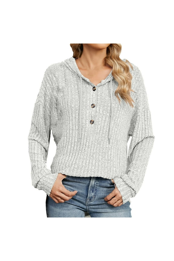 Womens Casual Pullover Sweater Striped Knit Drawstring Hooded Blouses Solid Color Button Up Comfy Hoodie Slouchy Crochet Sweater Tunics Clothing,Gray,X-Large
