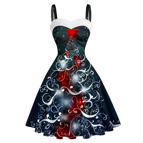 miqiqism Womens Christmas Costume Trendy Midi Dress Xmas Party Dresses Teen Girls Casual Spaghetti Strap Suspender Skirt,Dark Blue,3X-Large
