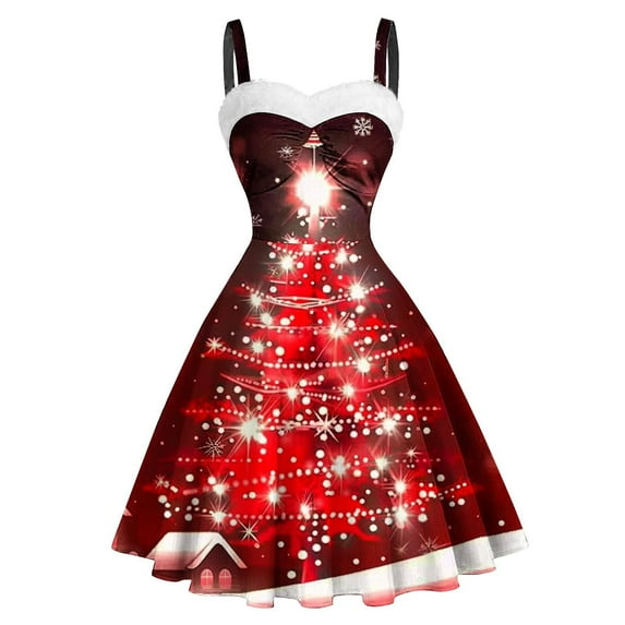 miqiqism Womens Christmas Costume Trendy Midi Dress Xmas Party Dresses Teen Girls Casual Spaghetti Strap Suspender Skirt,R#01_Red,Medium