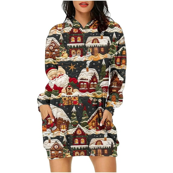 miqiqism Womens Christmas Sweatshirt Dress Comfy Long Sleeve Hoodies Mini Dresses with Pockets Casual Crewneck Hoodie 2024 Fall Fashion Printed Hooded,Black,XX-Large