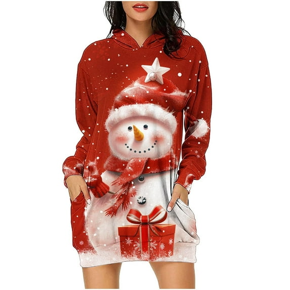 miqiqism Womens Christmas Sweatshirt Dress Comfy Long Sleeve Hoodies Mini Dresses with Pockets Casual Crewneck Hoodie 2024 Fall Fashion Printed Hooded,Red,Large