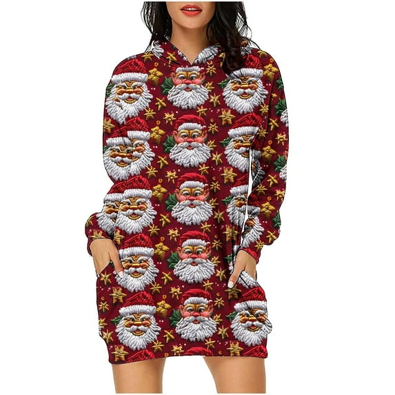 miqiqism Womens Christmas Sweatshirt Dress Comfy Long Sleeve Hoodies Mini Dresses with Pockets Casual Crewneck Hoodie 2024 Fall Fashion Printed Hooded,Wine,Large