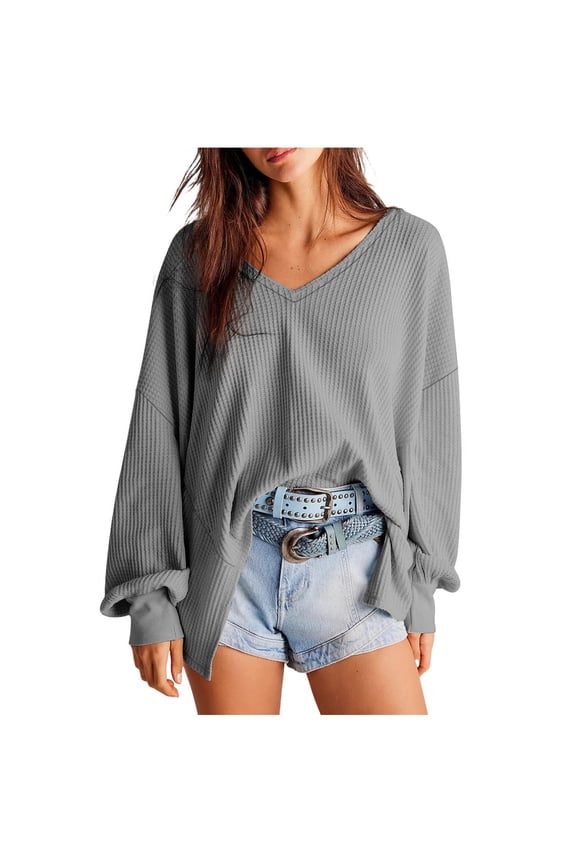 Womens Comfy Waffle Knit Tops 2024 Fashion Long Lantern Sleeve Sweatshirts Juniors Casual Solid Color Blouses V Neck Oversized Tunic T Shirts,Gray,Small