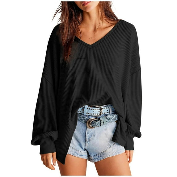 miqiqism Womens Comfy Waffle Knit Tops 2024 Fashion Long Lantern Sleeve Sweatshirts Juniors Casual Solid Color Blouses V Neck Oversized Tunic T Shirts,Black,Medium