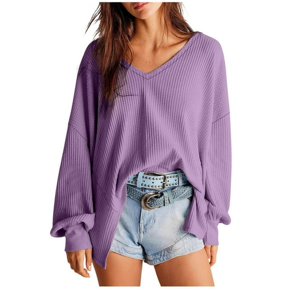 miqiqism Womens Comfy Waffle Knit Tops 2024 Fashion Long Lantern Sleeve Sweatshirts Juniors Casual Solid Color Blouses V Neck Oversized Tunic T Shirts,Purple,Medium