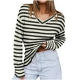 thumbnail image 1 of miqiqism Womens Cotton Tops Striped Long Sleeve Pullover Shirts Teen Girls V Neck Tunic Basic Tshirts Juniors Loose Drop Shoulder Blouses 2025 Spring,#01_Gray,XX-Large, 1 of 5