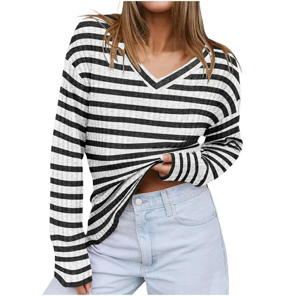 miqiqism Womens Cotton Tops Striped Long Sleeve Pullover Shirts Teen Girls V Neck Tunic Basic Tshirts Juniors Loose Drop Shoulder Blouses 2025 Spring,#01_White,Medium
